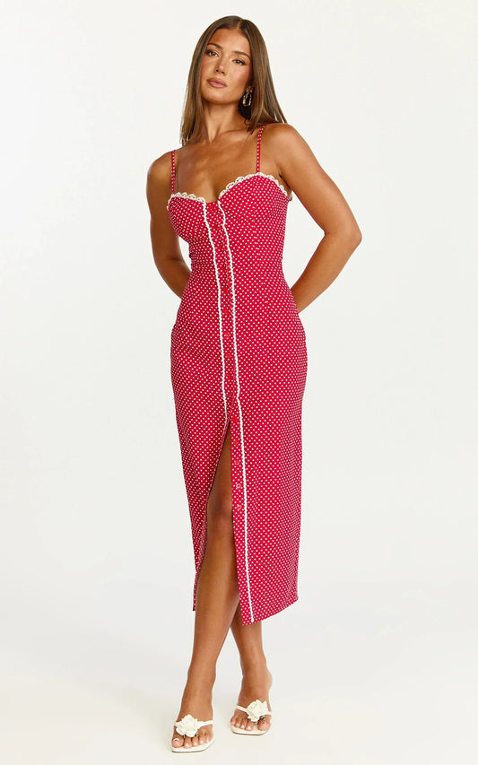 Camille Midi Dress - Button Front Bustier Lace Trim Fitted Dress in Red