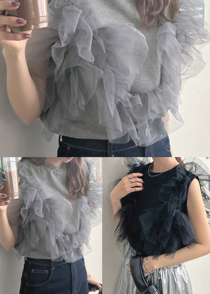Women Black O-Neck Patchwork Tulle Vests Summer