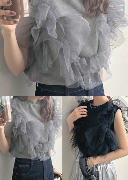 Women Black O-Neck Patchwork Tulle Vests Summer