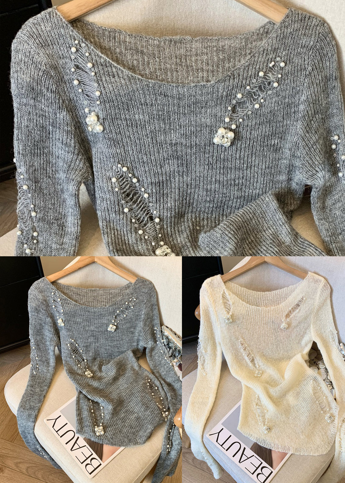 Women White Nail Bead Knit Ripped Sweater Spring