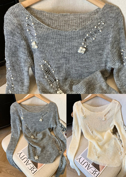 Women White Nail Bead Knit Ripped Sweater Spring
