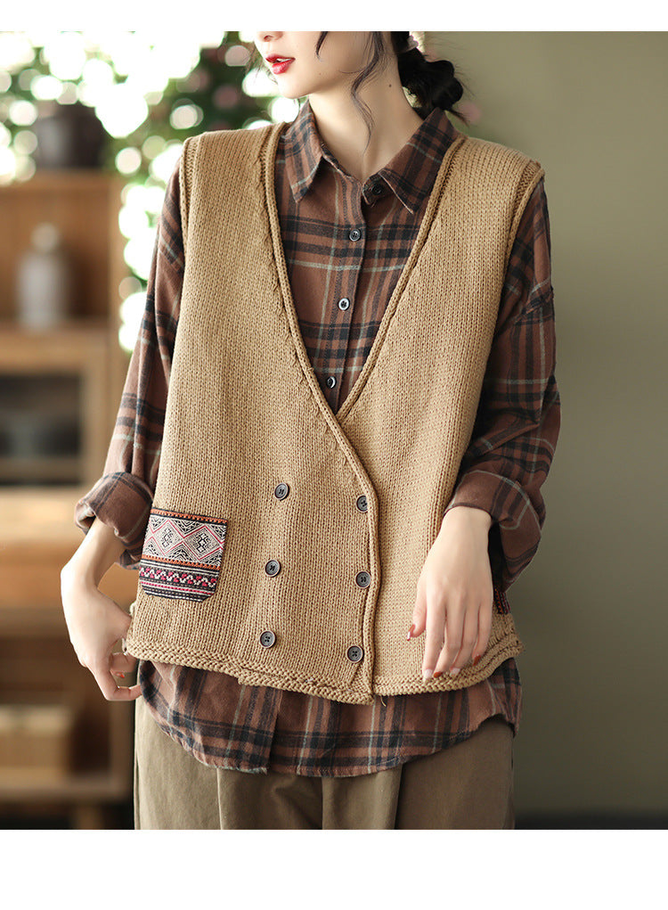 Vintage Knit Loose Double-Breasted Patch Vest