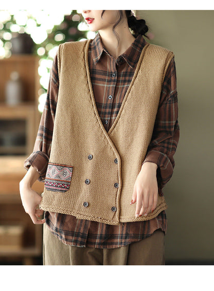 Vintage Knit Loose Double-Breasted Patch Vest