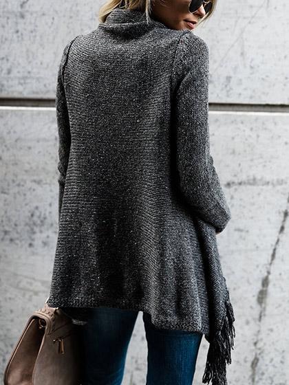 Tassel Asymmetrical Hem Shawl Speckled Fringe Cardigan - Khaki