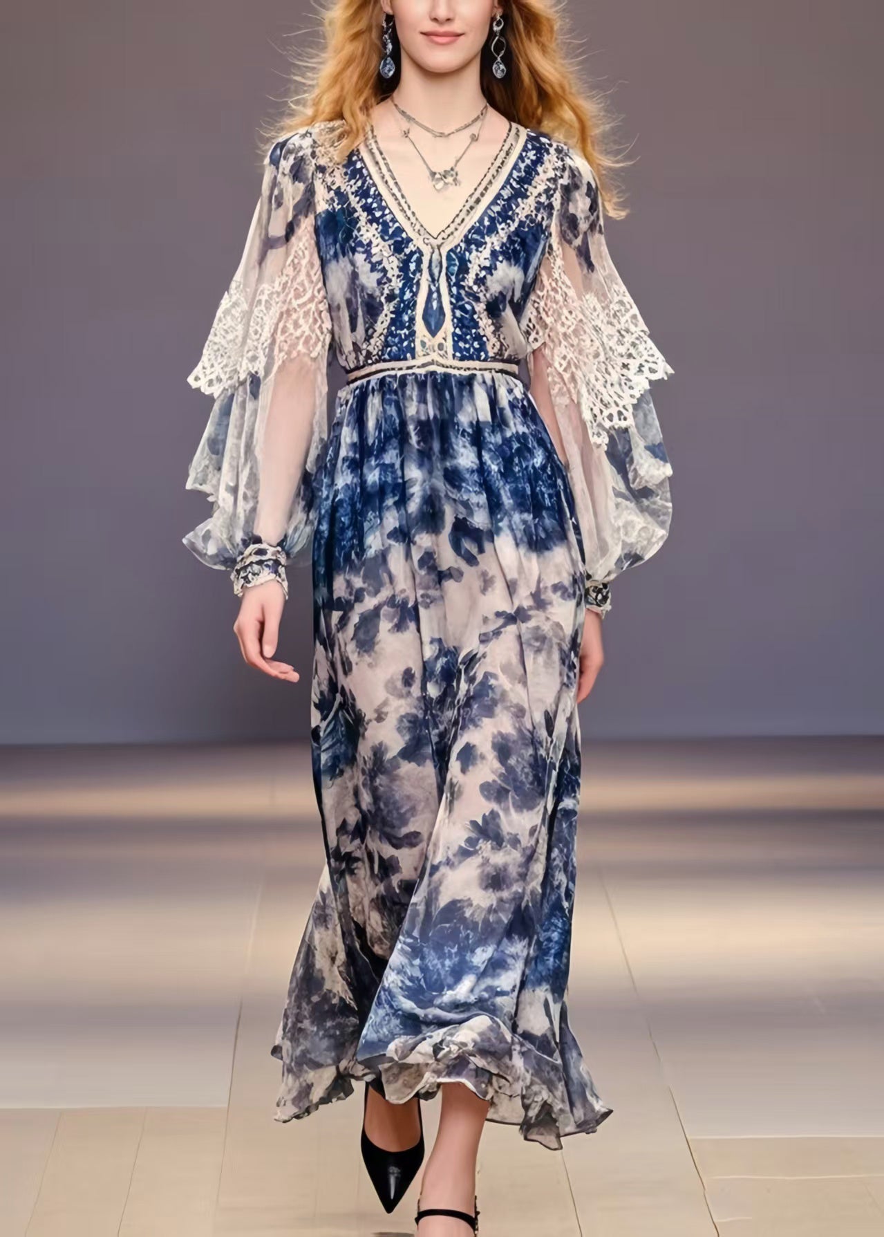 Elegant Navy Print Chiffon Party Dress Lantern Sleeve
