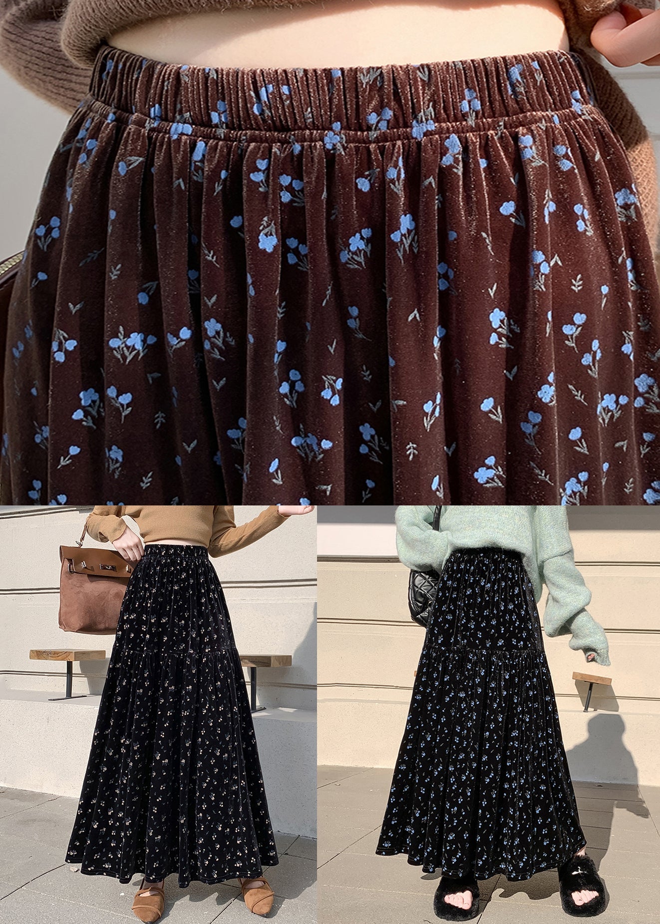 Vintage Apricot Print Wrinkled High Waist Velvet Skirts