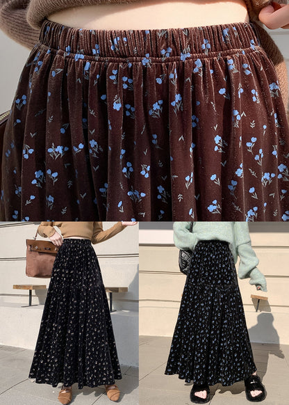 Vintage Apricot Print Wrinkled High Waist Velvet Skirts