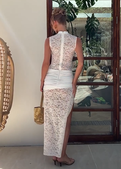 White Lace Qipao-Style High-Slit Maxi Dress