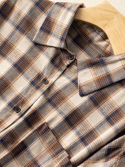 100% Natural Fabric Vintage Loose Mid Length Plaid Shirt