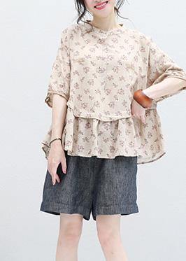 Women stand collar nude prints linen top silhouette design half sleeve blouses summer