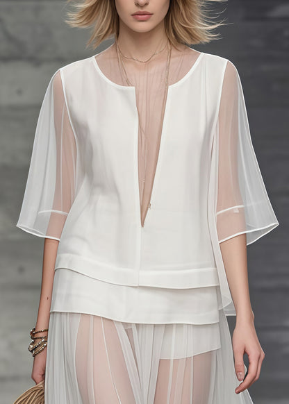 Unique White Deep-V Neck Patchwork Tulle Two Piece Set Women Clothing Summer