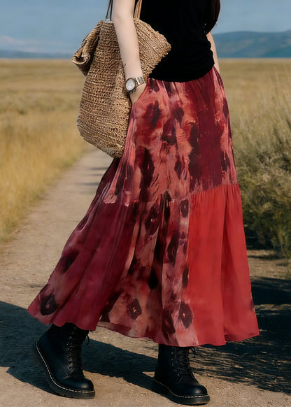 Boho Red Pockets Print Elastic Waist Maxi Skirt Spring