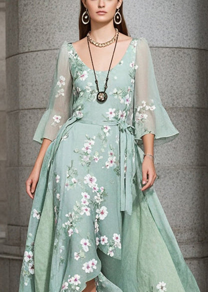 Bohemian Green Asymmetrical Print Exra Large Hem Chiffon Holiday Dress Summer
