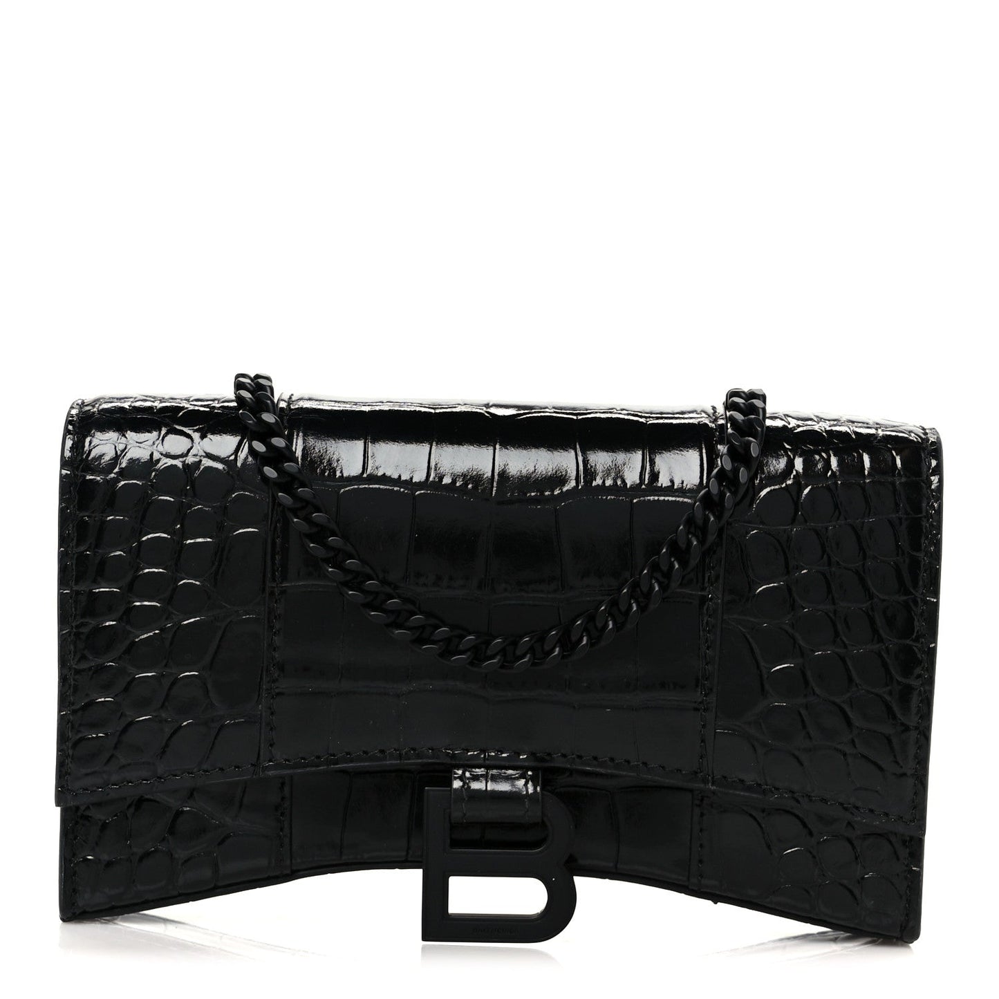 Shiny Calfskin Monochrome Crocodile Embossed Hourglass Chain Bag Black