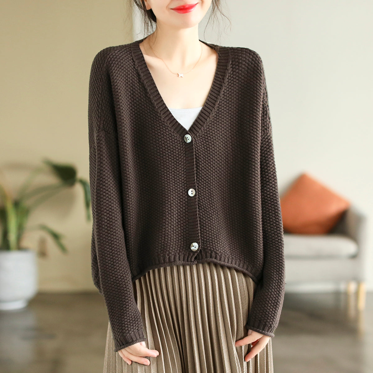 Women Autumn V-Neck Cotton Knitted Cardigan