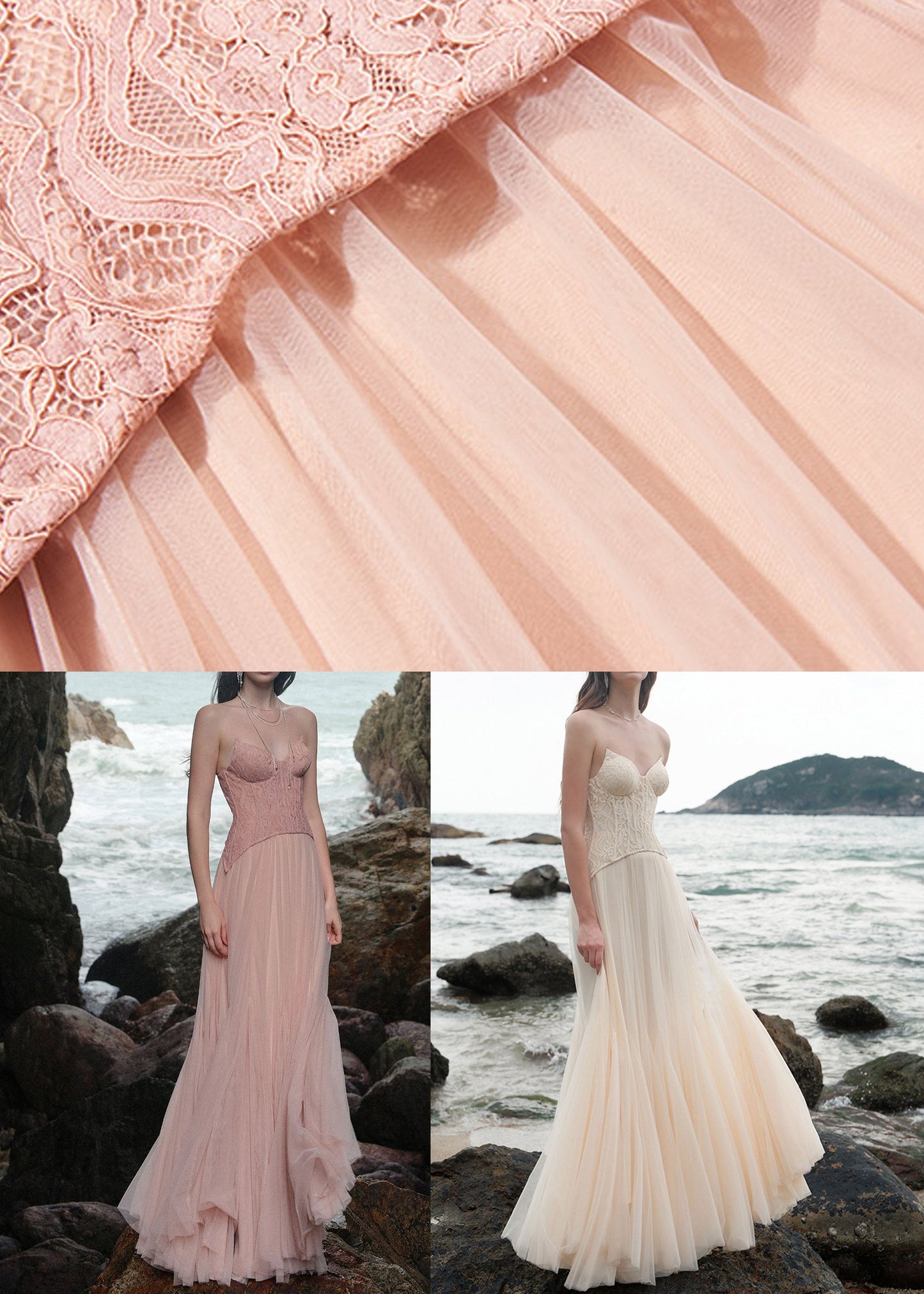 Chic Beige Cold Shoulder Lace Patchwork Tulle Party Dress Sleeveless