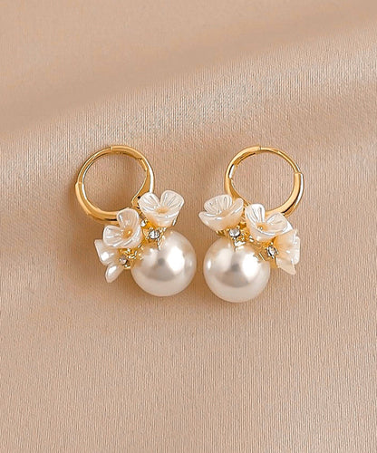 Cute Gold Alloy Zircon Pearl Floral Hoop Earrings