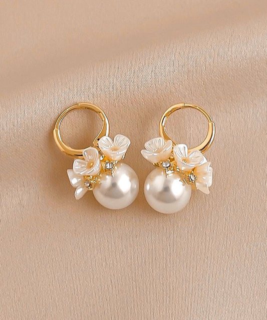 Cute Gold Alloy Zircon Pearl Floral Hoop Earrings