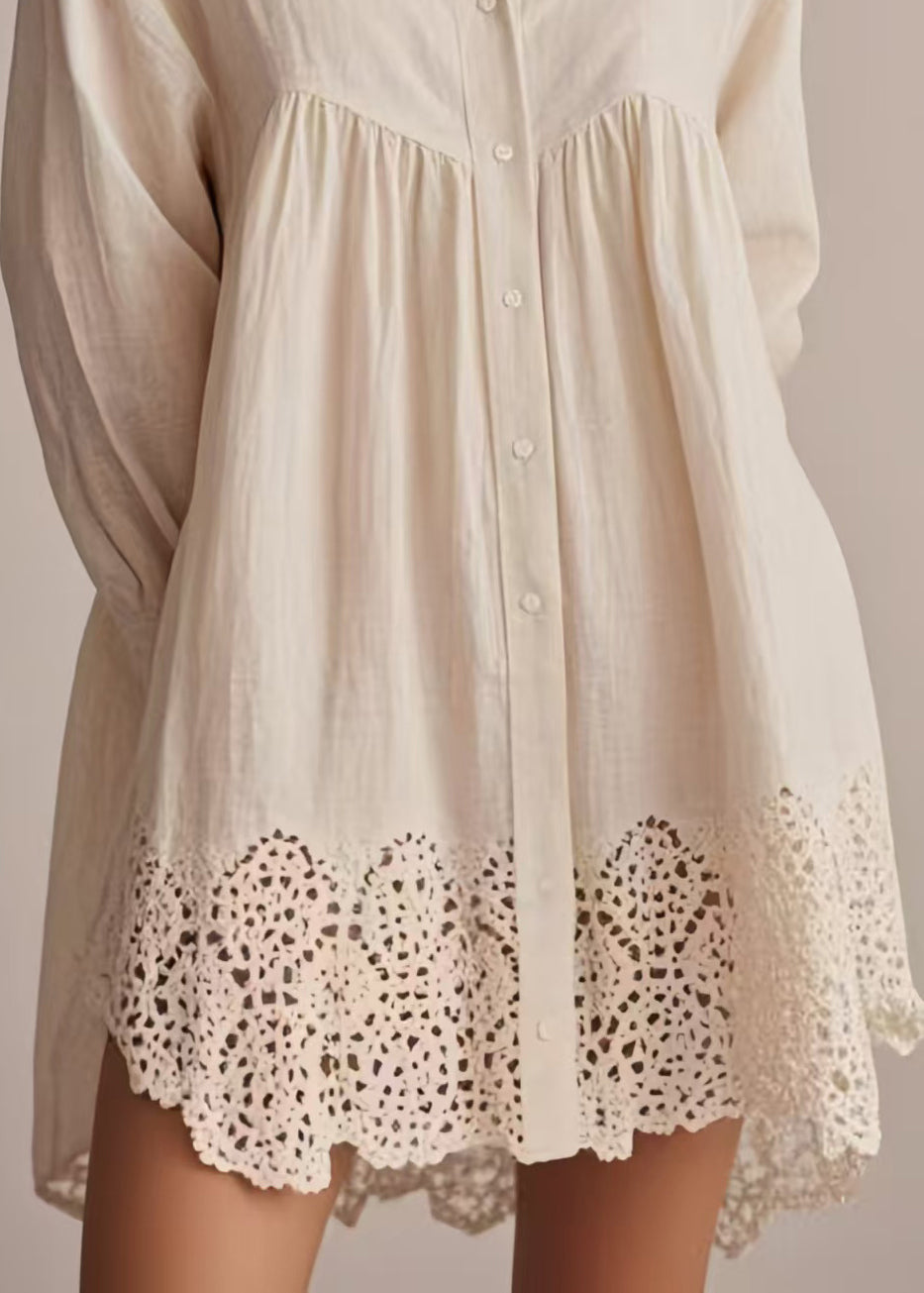Bohemian Apricot Oversized Hollow Out Cotton Long Shirts Spring