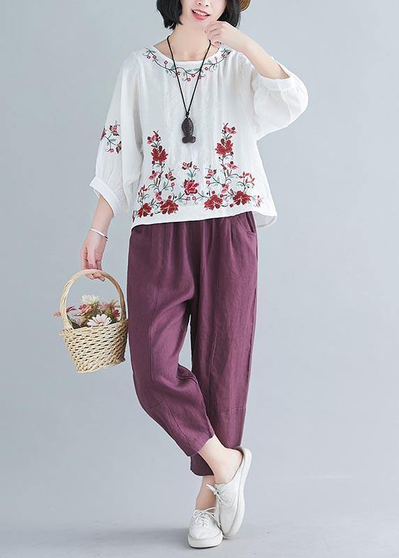 Chic White Embroideried Shirt Summer Cotton Linen