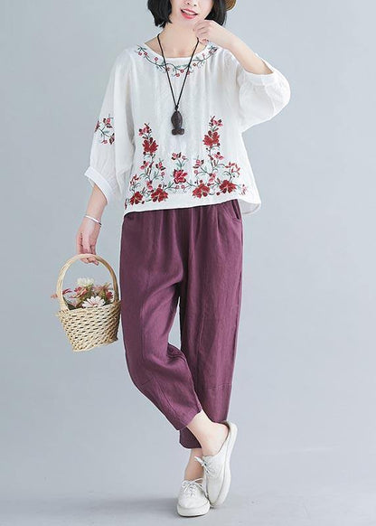 Chic White Embroideried Shirt Summer Cotton Linen