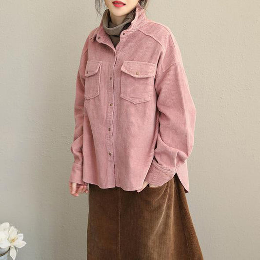 Vintage Pink and Gray Fall Loose Corduroy Short Coat For Women