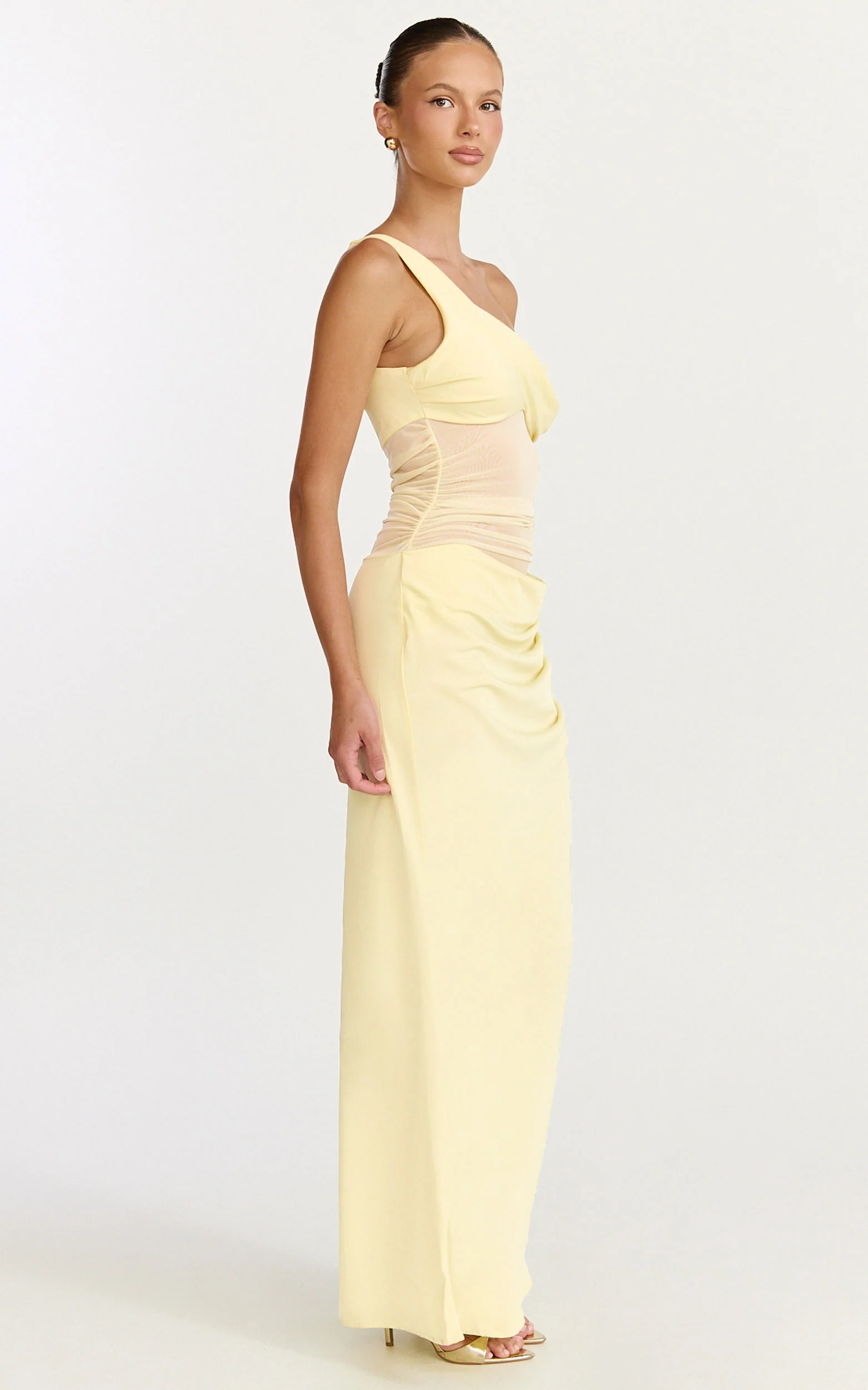 Pale Yellow Asymmetric Off-Shoulder Mesh Ruched Maxi Dress