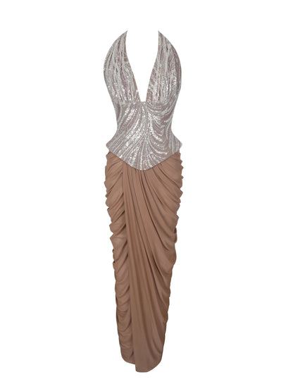 Nancie Apricot Beaded Halter Peplum Ruched Maxi Dress