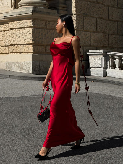 Satin Cowl-Back Open-Back Dress with 3D Flower Straps