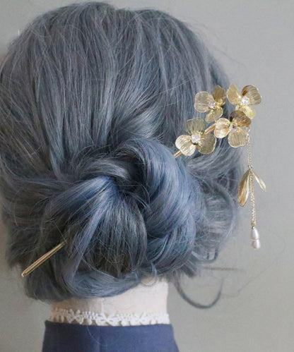 Chinese Style Gold Metal Floral Pearl Tassel Hairpin