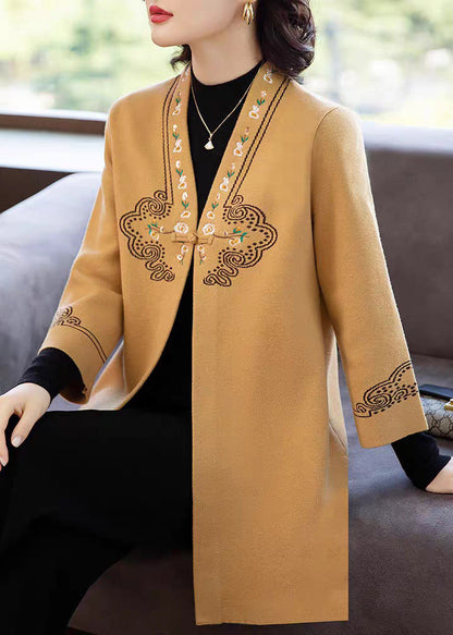 Elegant Yellow V Neck Pockets Woolen Coats Three Quarter Sleeve