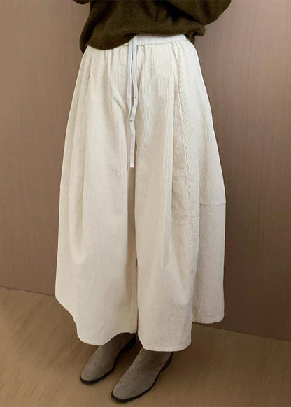 Apricot Solid Corduroy Wide Leg Pants Drawstring