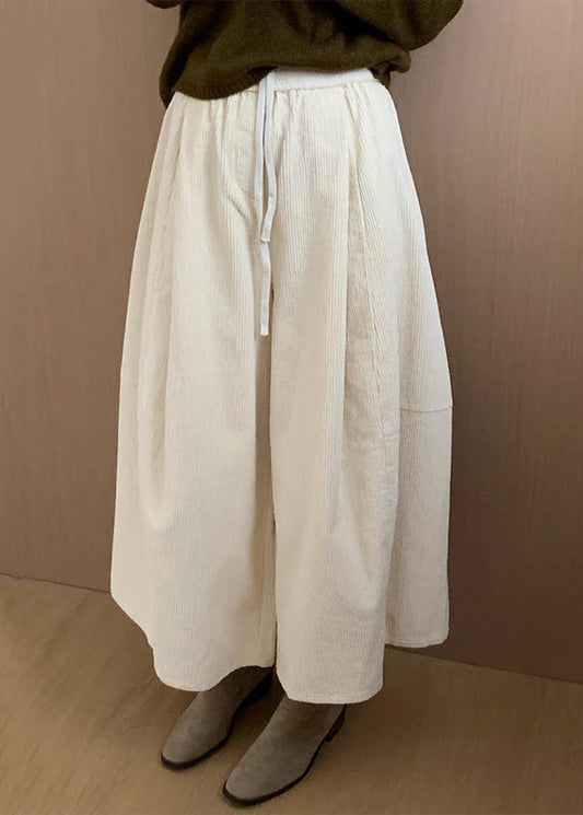 Apricot Solid Corduroy Wide Leg Pants Drawstring