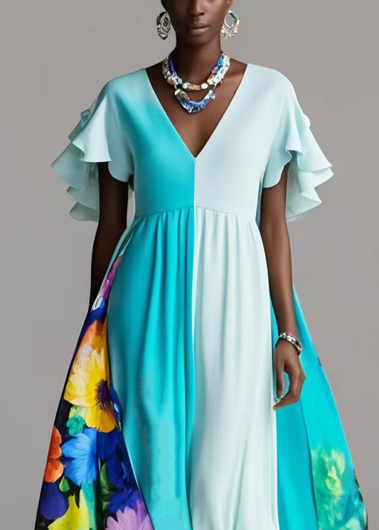Beautiful Blue Exra Large Hem Patchwork Silk Vestidos Dress Petal Sleeve