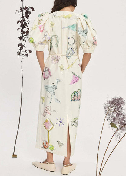 Elegant Apricot Print Lace Up Pockets Linen Long Dress Lantern Sleeve