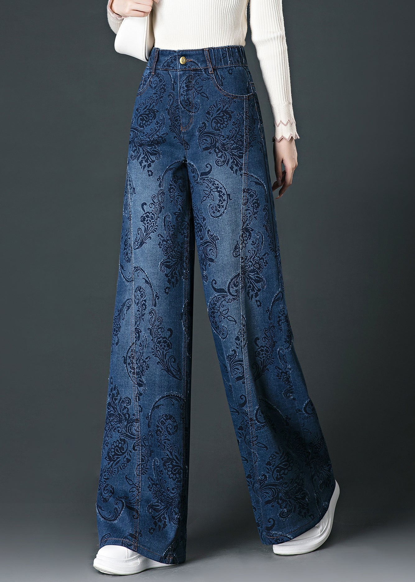 Fashion Blue Pockets Print High Waist Wide Leg Jeans Fall