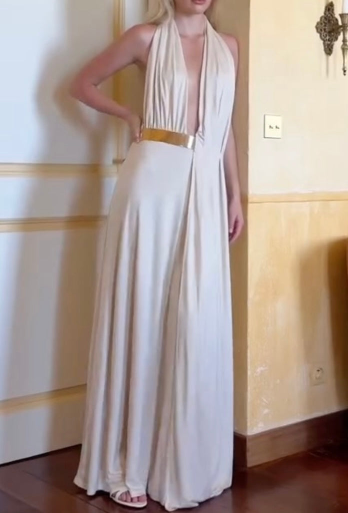 Sexy Halter Open Collar Bare Back Solid Color Dress