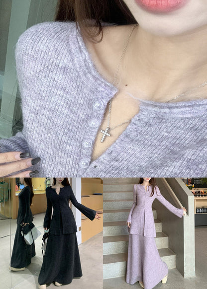 Elegant Purple Button Front Open Knit Two Piece Set Flare Sleeve