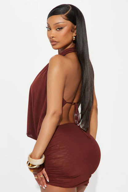 Cowl Neck Halter Open-Back Mesh Ruched Two-Piece Set