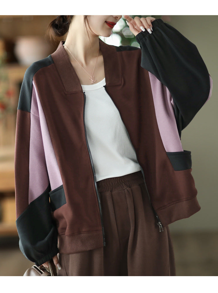 Retro Color-Blocking Loose Long-Sleeved Casual Literary Jacket