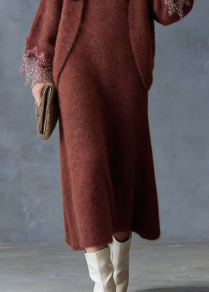 French Rust Lace Patchwork Cotton Knit Cardigans And Maxi Skirts Two Piece Set Spring