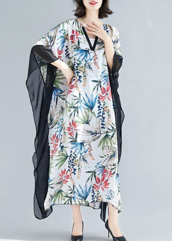 Flowy v neck patchwork chiffon outfit Plus Size Online Shopping white print Kaftan Dresses Summer