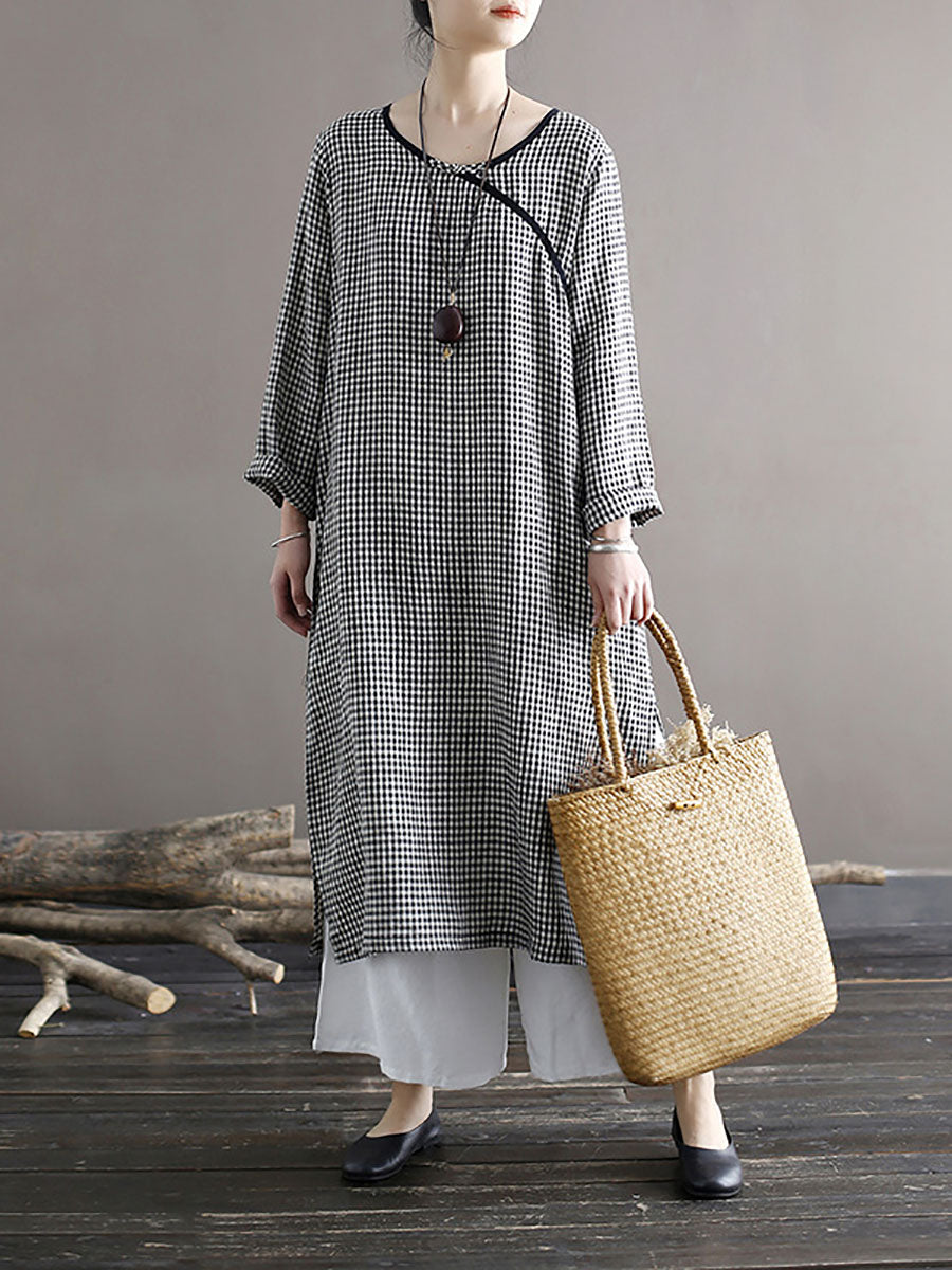 Women Spring National Vintage Plaid Split Hem Dress