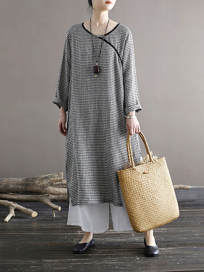 Women Spring National Vintage Plaid Split Hem Dress