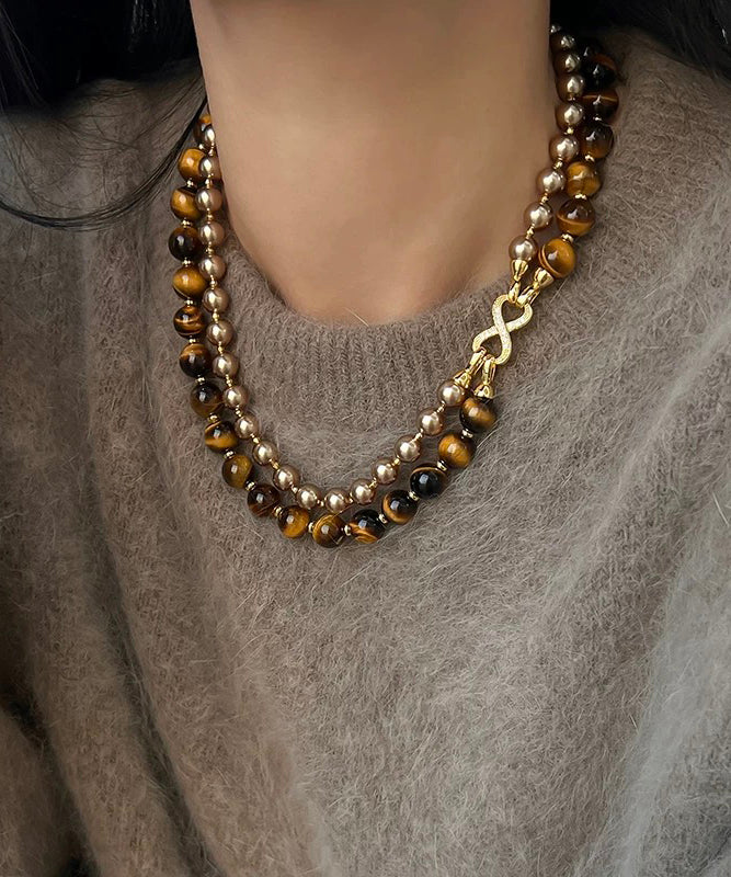 New Copper Tiger's-Eye Pearl Double-Layer Gratuated Bead Necklace