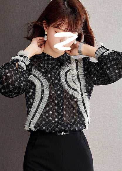 Elegant Black Stand Collar Ruffled Patchwork Print Chiffon Shirts Long Sleeve