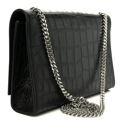Calfskin Crocodile Embossed Medium Classic Monogram Kate Tassel Satchel Black