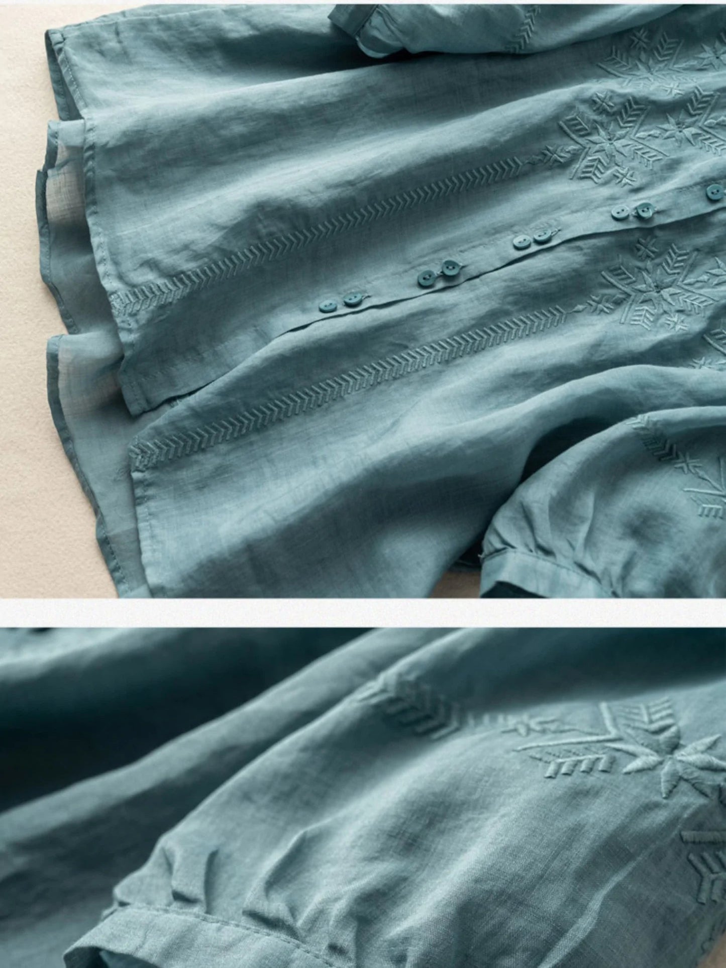 Embroidered Half Sleeve Casual Linen Shirt Top