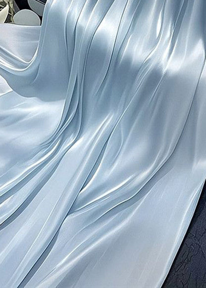 Simple Blue Wrinkled Elastic Waist Solid Silk Skirt Summer