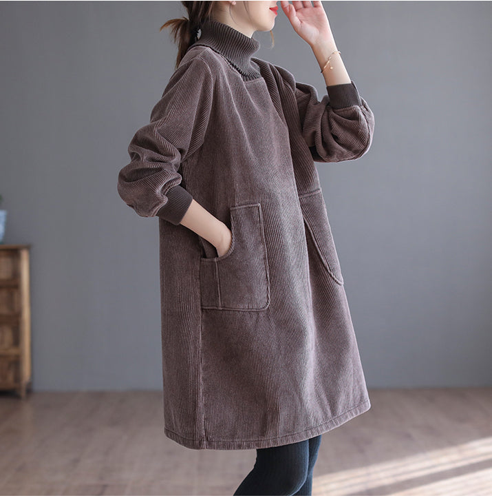 Corduroy Solid Color Plus Velvet Thick Loose Turtleneck Top